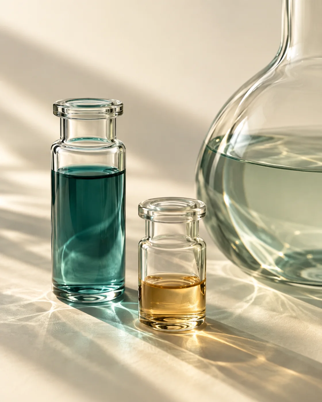 An artistic study of laboratory glass, teal and amber liquids, and refracted light