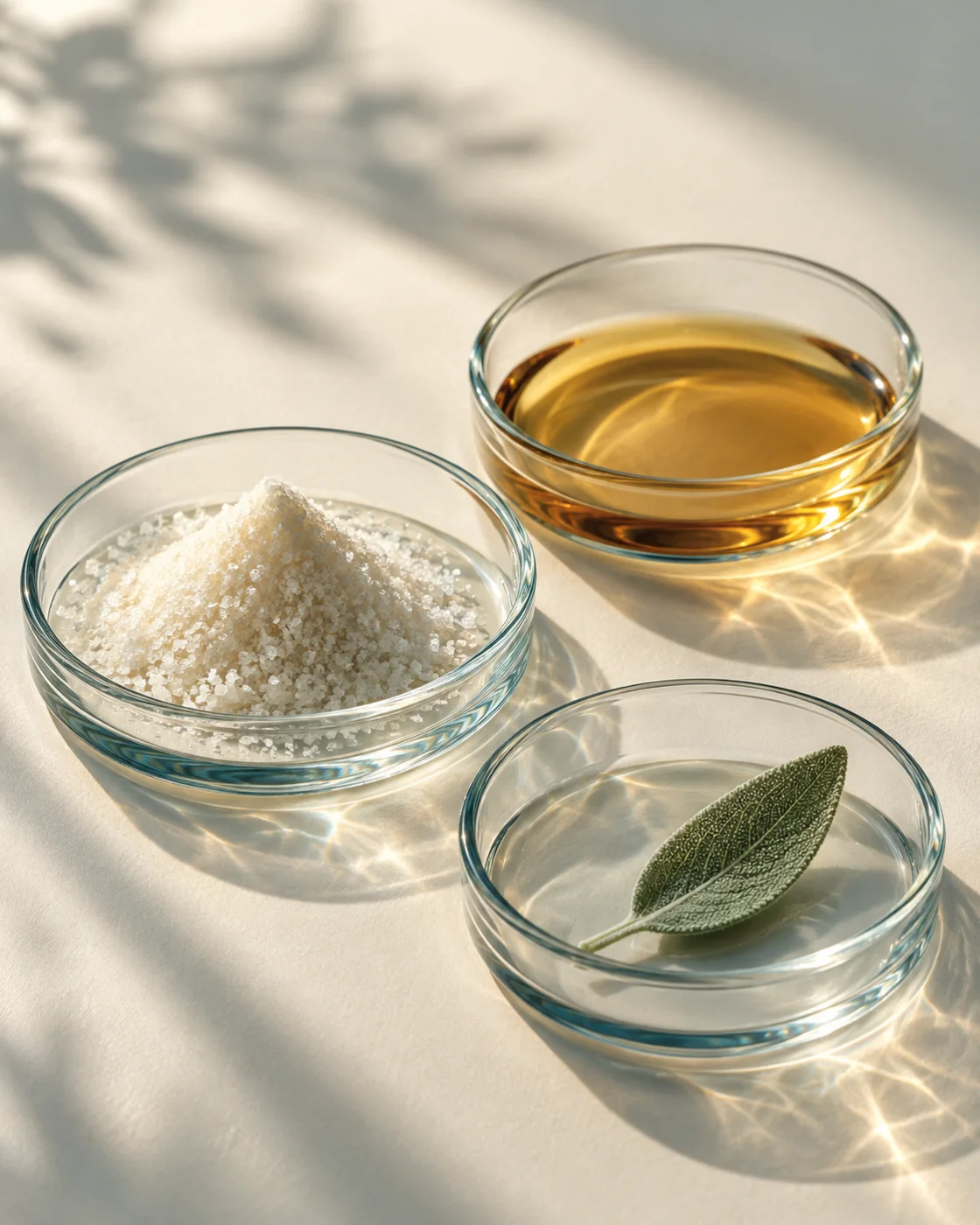 An artistic study of powder, amber liquid, and a leaf in glass sample dishes