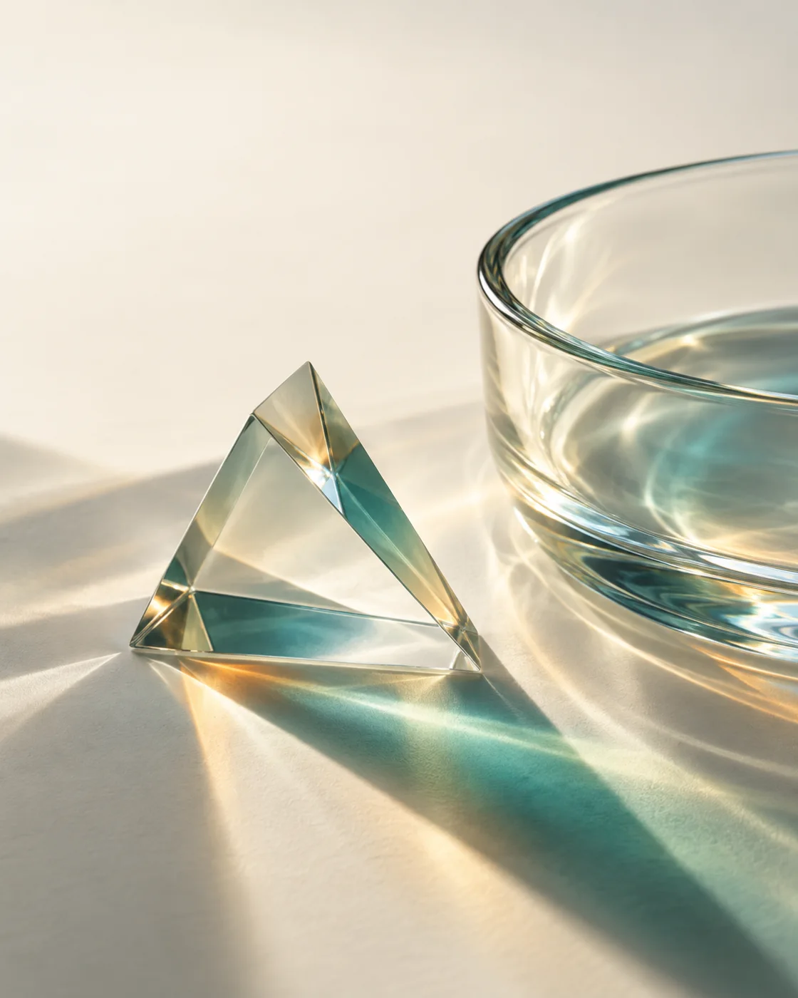 An artistic study of an optical prism, curved glass, and refracted light